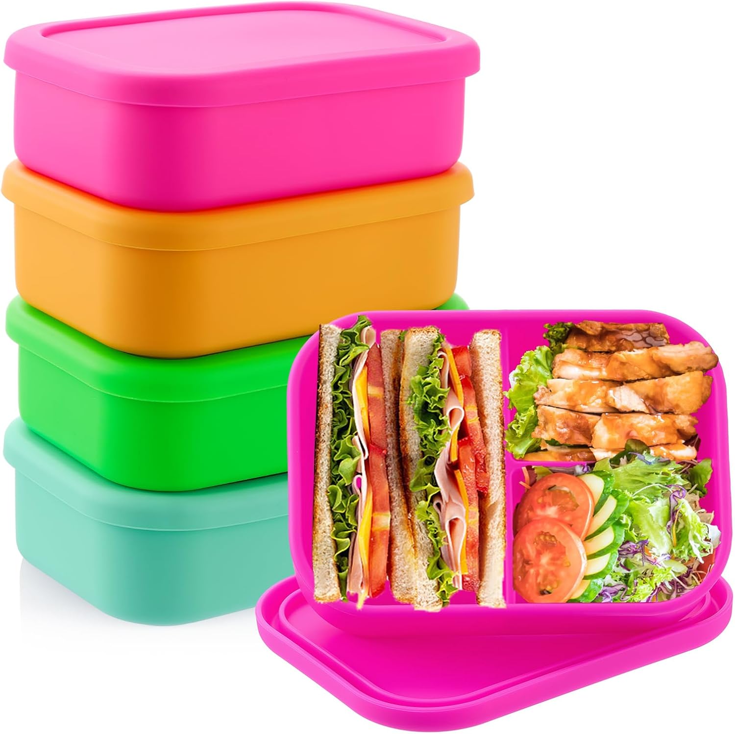 Reusable Silicone Bento Box Set for Adults - 4 Pcs in Vivid Colors