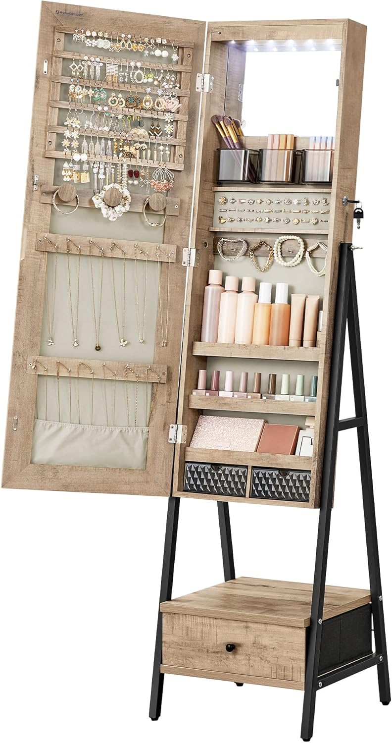 SONGMICS LED Mirror Jewelry Cabinet with Full-Length Mirror