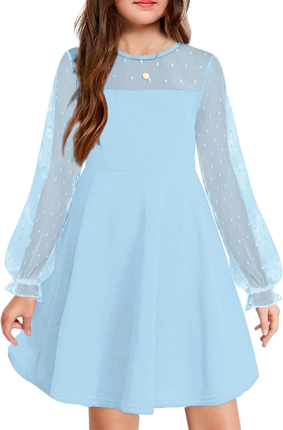 Arshiner Girl's Contrast Mesh Puff Long Sleeve Dress with Pockets