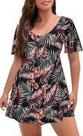 One Piece Swimdress Plus Size Short Sleeve Bathing Suit - Built-In