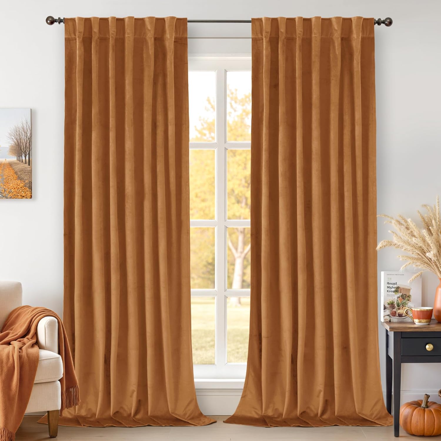 Burnt Orange Velvet Curtains for Living Room - Thick Blackout Panels