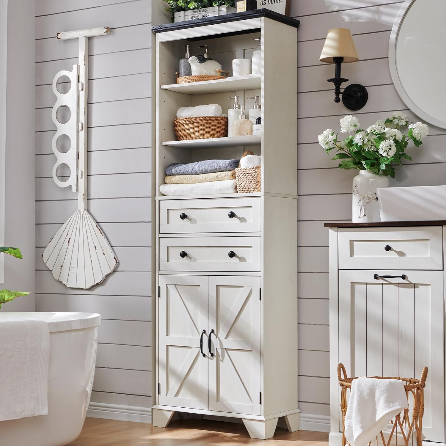 72 Tall Bathroom Storage Cabinet with Barn Door & Drawers