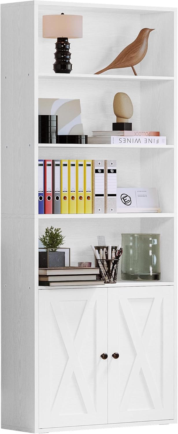 Industrial 6-Tier Bookshelf with Doors for Home Office and Living Room