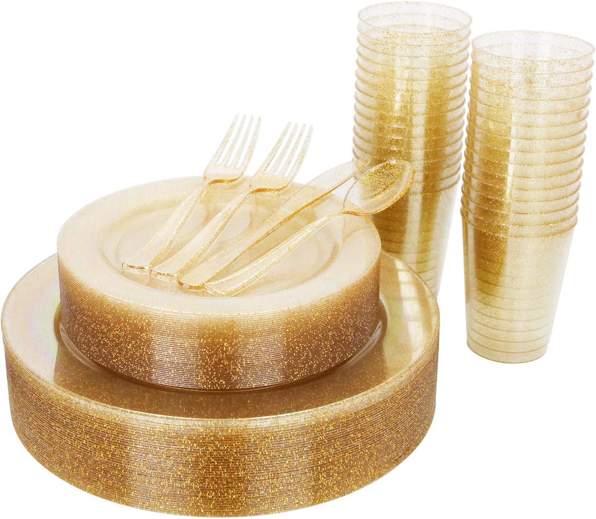 WELLIFE 175 Pieces Gold Glitter Plastic Plates for Parties