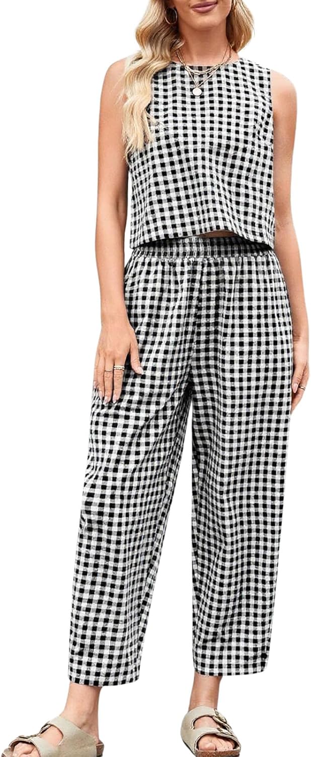 Womens Cotton Checker Set 2 Piece Beach Vacation Outfit