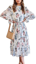 Floral Chiffon Midi Dress Puff Long Sleeve Mock Neck - Elegant Fall