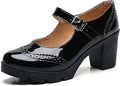 Women's Leather Chunky Low Block Heels Mary Jane Pumps - Comfortable