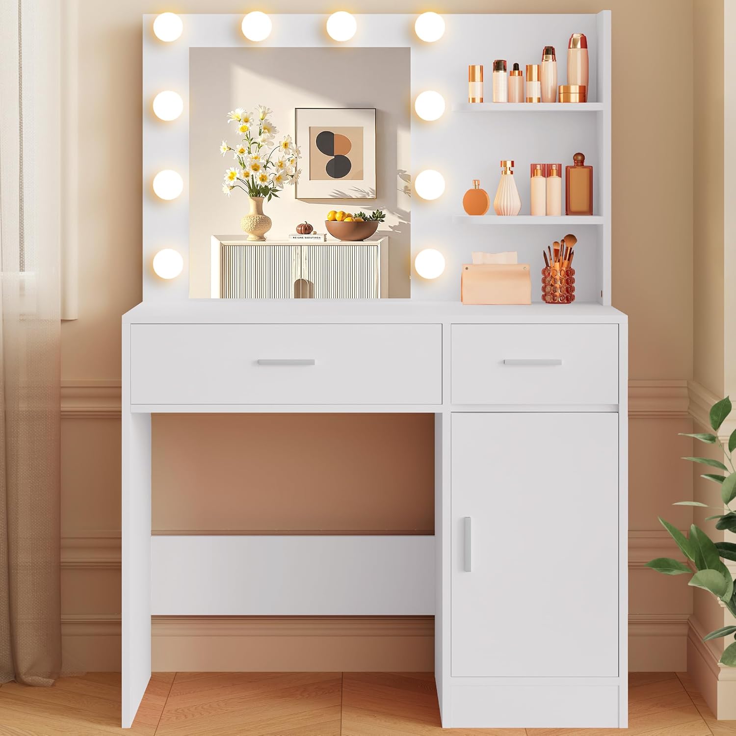 Lighted Makeup Vanity Desk with Dimming Function and Storage