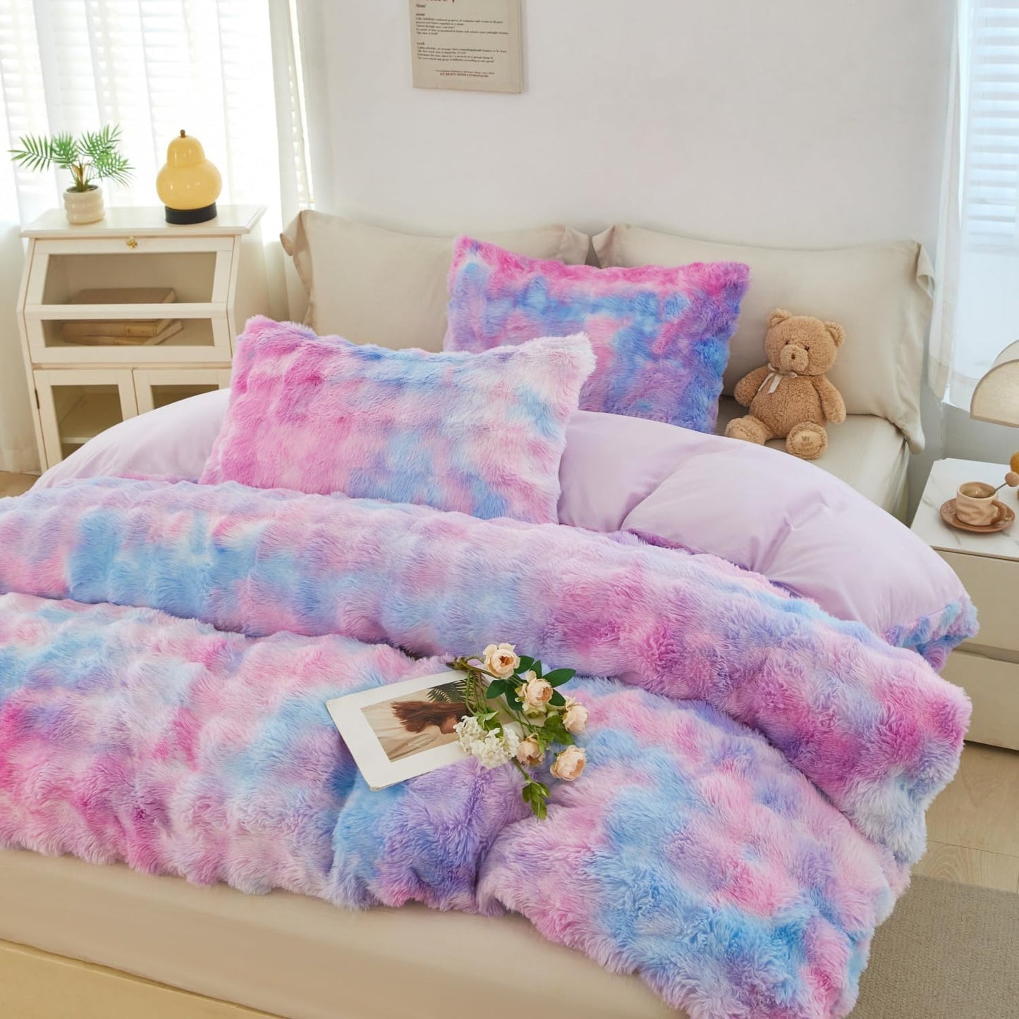 SUCSES Faux Fur Duvet Cover Set for Girls Twin Blue Purple