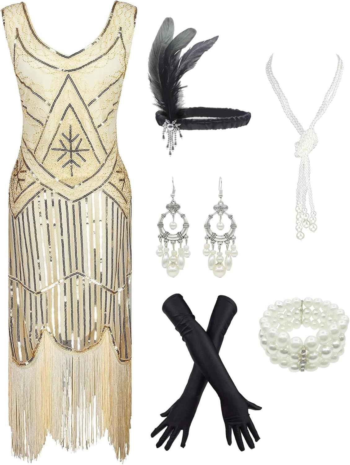 1920s Gatsby Sequin Fringed Flapper Dress with Accessories Set