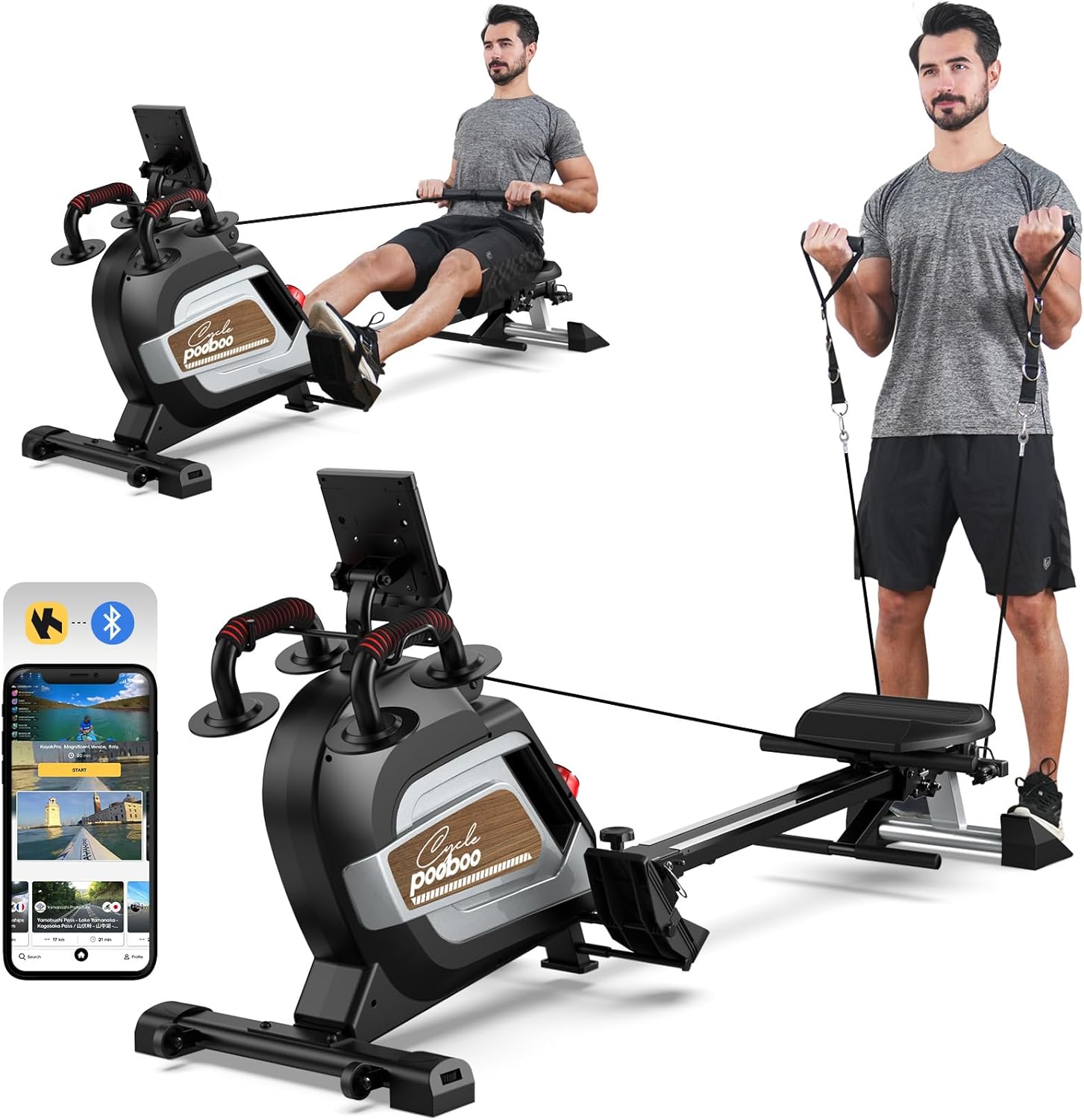 Pooboo Magnetic Rowing Machine for Home Use with Tablet Holder