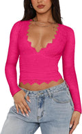 REORIA Sexy V-Neck Lace Y2K Crop Top - Slim Fitted Trendy