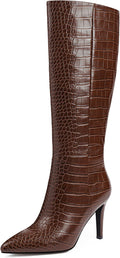 Knee High Stiletto Boots Pointed Toe - Faux Crocodile Tall Boots