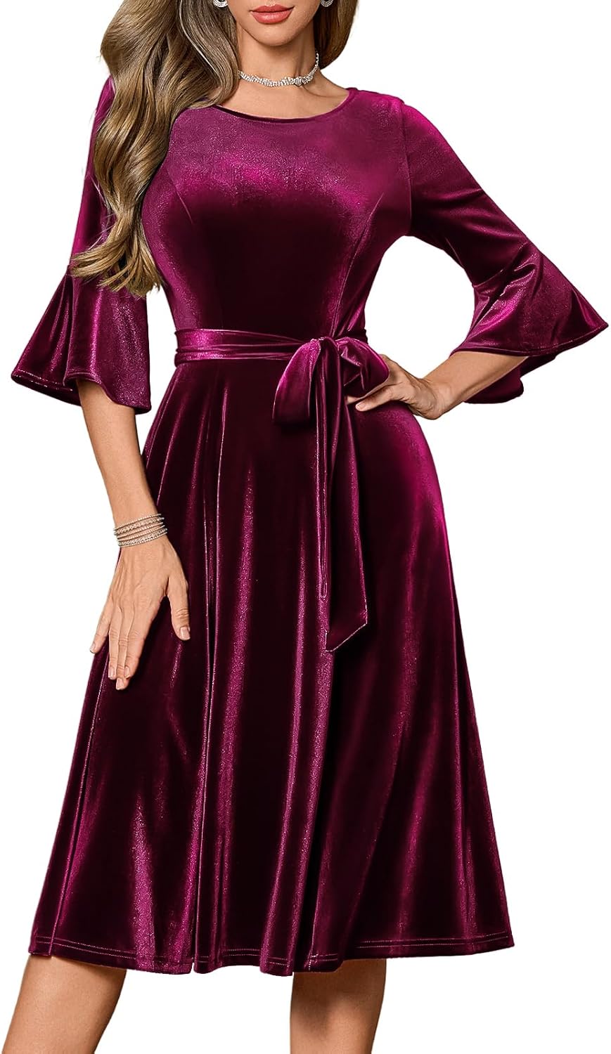 HomRain Women's Long Sleeve Velvet Midi Dress for Formal Events