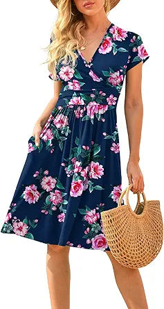 LILBETTER Women's Summer Casual V-Neck Dress with Pockets
