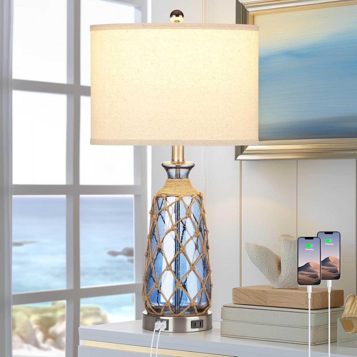 Coastal Glass Table Lamps with USB Ports and Dimmable Touch Control