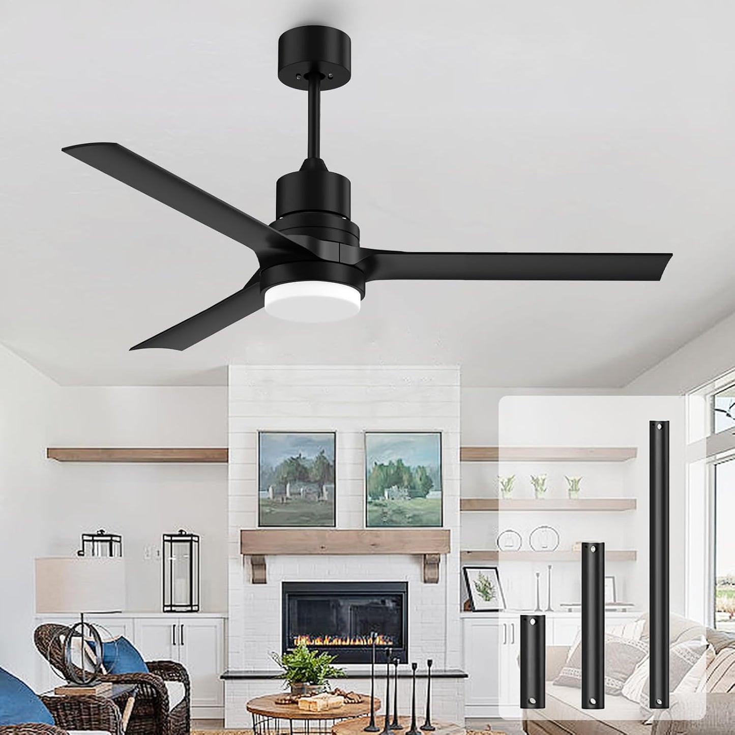 52 Inch Black Ceiling Fan with Light and Remote Control Features