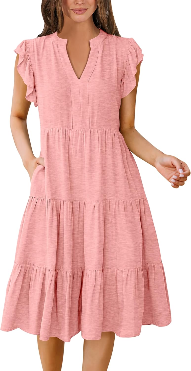 Womens Summer Dress Ruffle Sleeve V Neck Midi Casual Sundress