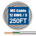 12/3 MC Cable with Ground - 250ft Pure Copper 12AWG Metal Clad