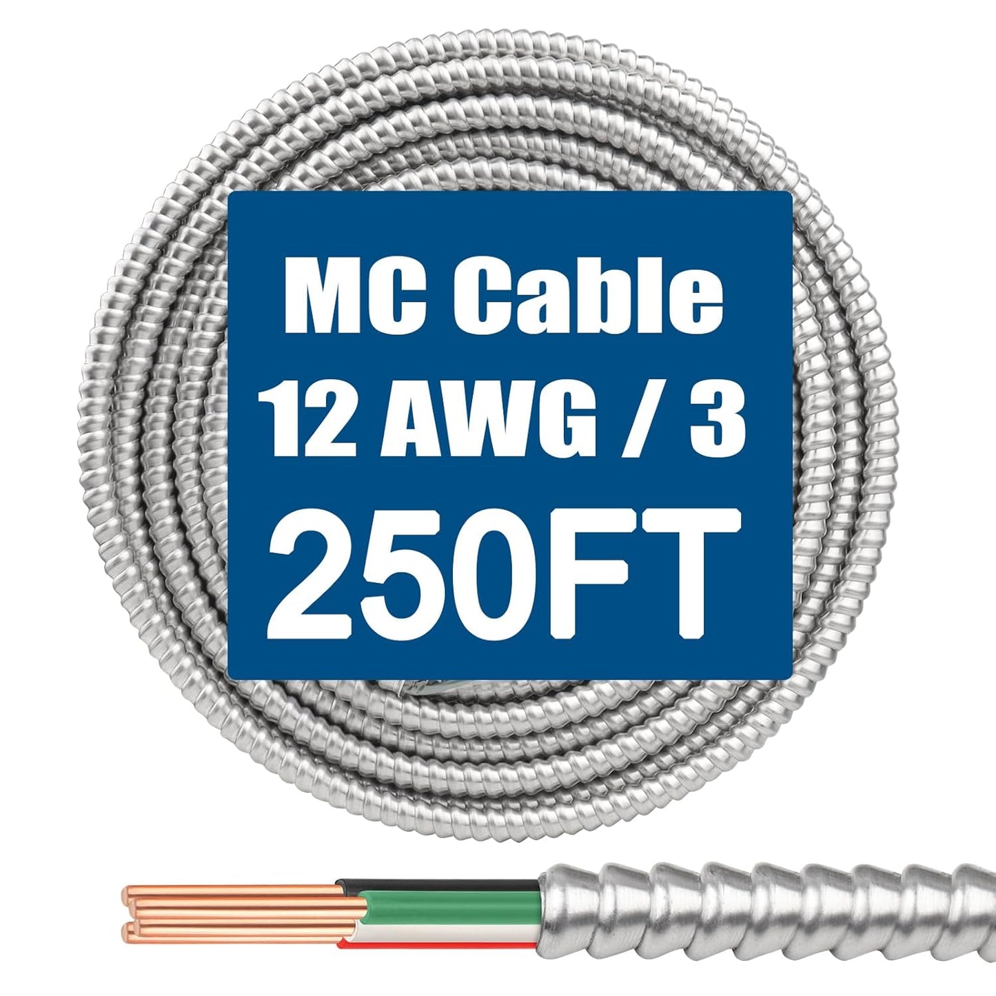 12/3 MC Cable with Ground - 250FT Heavy-Duty Metal Clad Wire