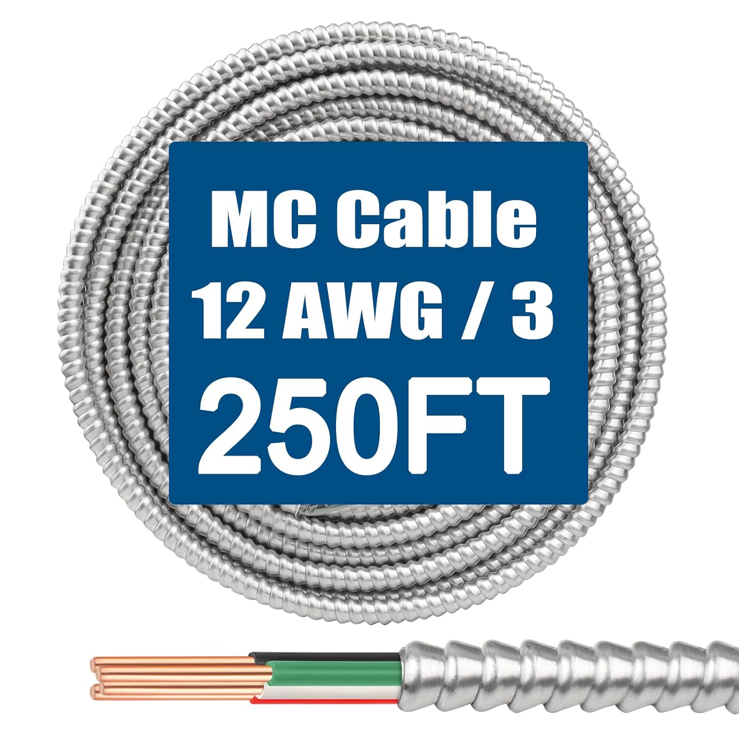 12/3 MC Cable with Ground - 250FT Heavy-Duty Metal Clad Wire