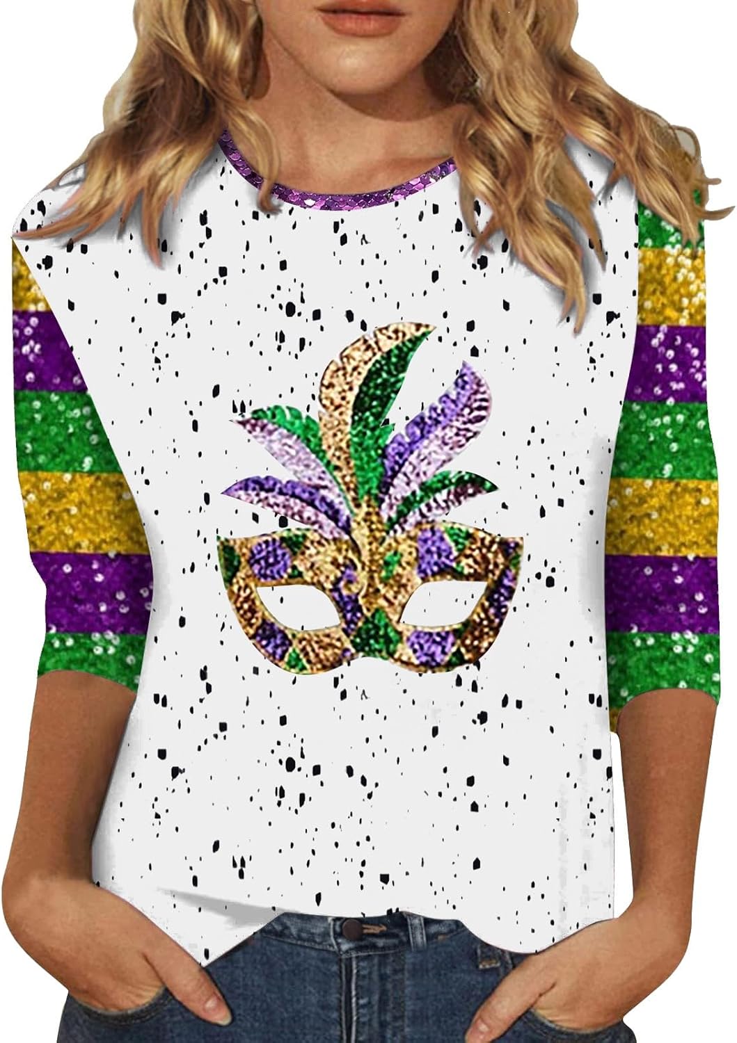 Mardi Gras Sequin Mask Print Blouse