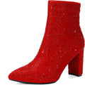 Women's Chunky Heel Rhinestone Ankle Booties - Dressy Short Boots
