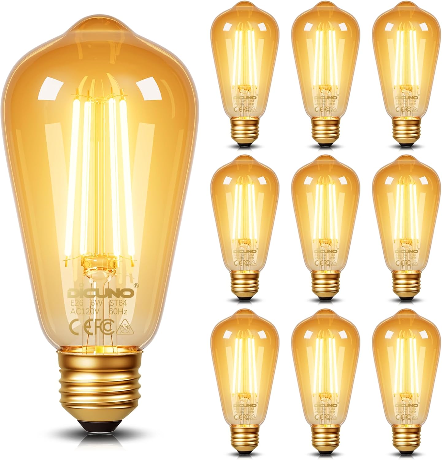 DiCUNO E26 Edison Bulbs 60W, 2200K Amber Warm Light Pack