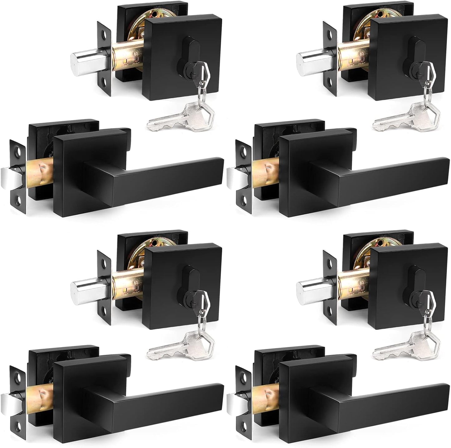 Probrico Flat Black Passage Door Lever and Deadbolts Combo Pack