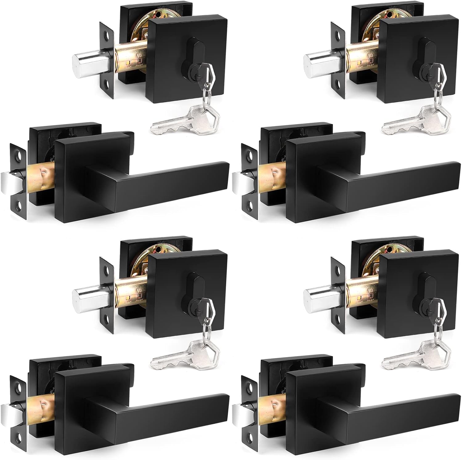 Probrico Flat Black Passage Door Lever and Deadbolts Combo Pack
