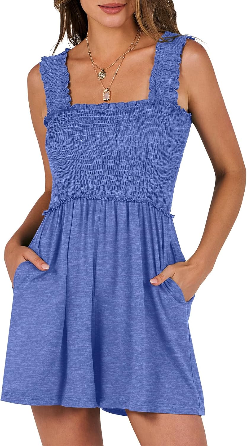 Caracilia Women's Summer Casual Smocked Rompers for Beach Fun