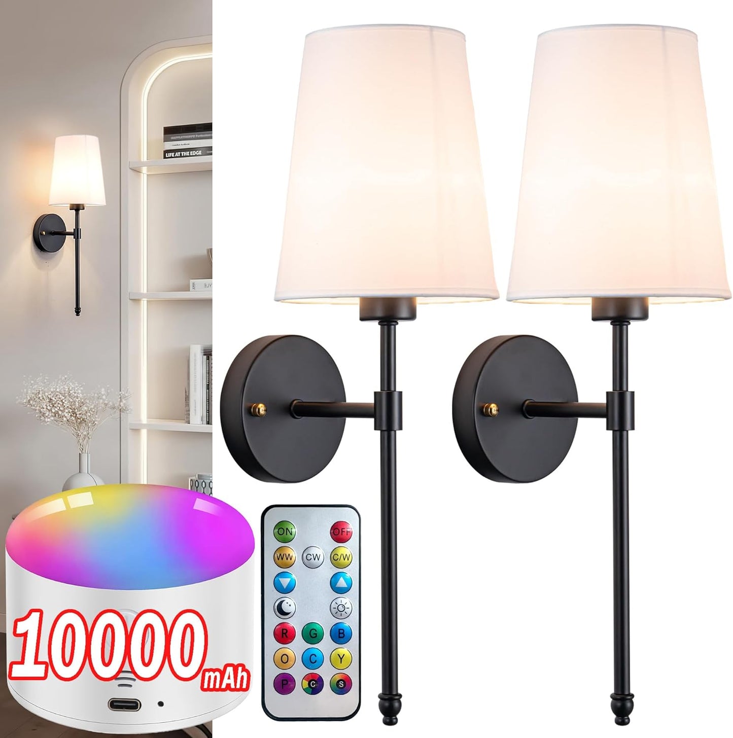 Battery Operated Wall Sconce Light with Remote Control Set of 2