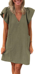 Striped V-Neck Mini Dress for Women with Puff Sleeves