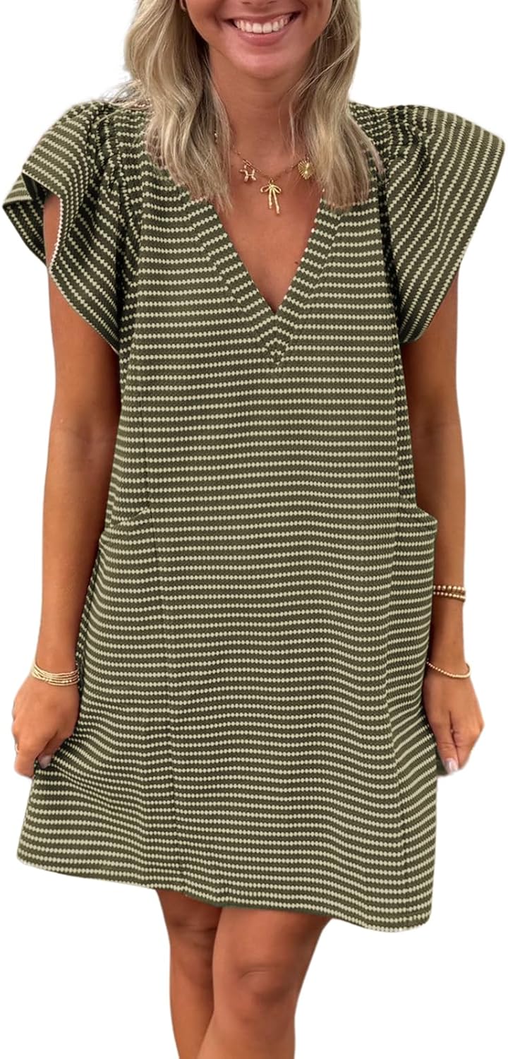 Striped V-Neck Mini Dress for Women with Puff Sleeves