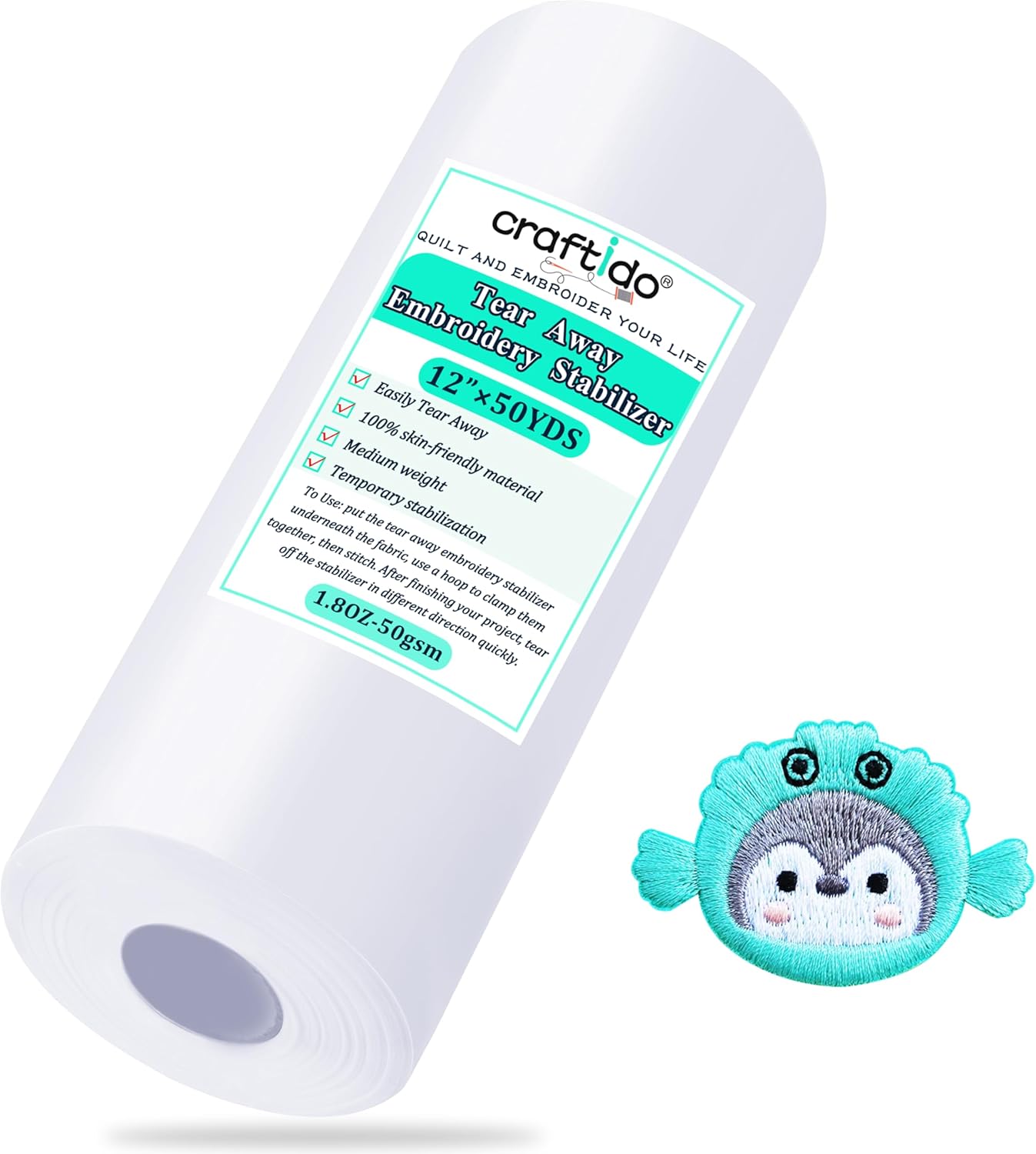 Craftido Tear Away Stabilizer 12x50 Yd Roll - Medium Weight for Precision Embroidery