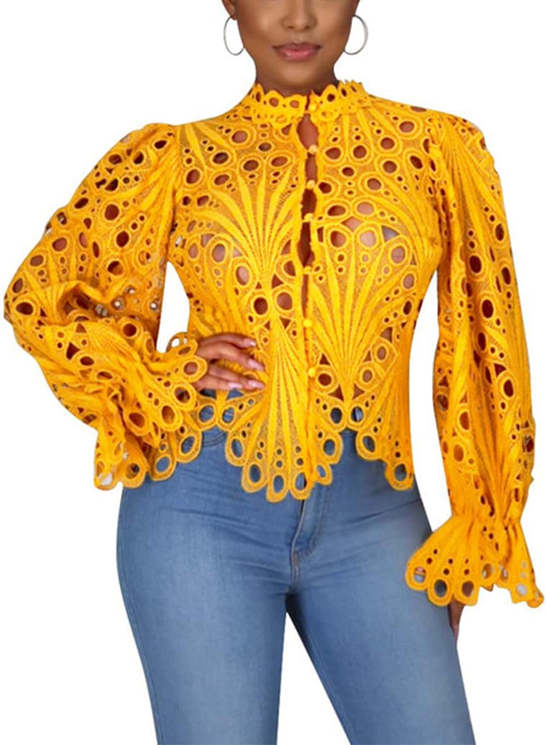 Doweha Womens Sexy Ruffle Long Sleeve Lace Tops for 2025