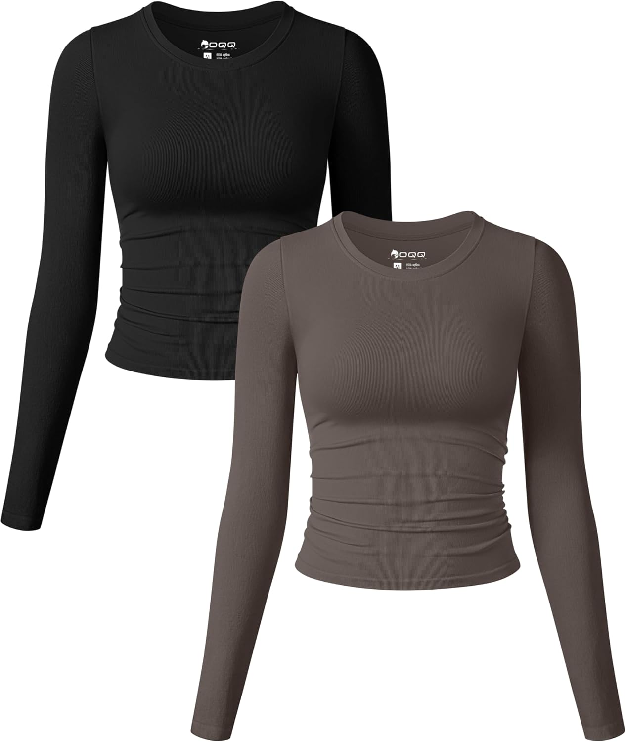 OQQ Womens 2 Piece Long Sleeve Crew Neck Ruched Tee Shirts
