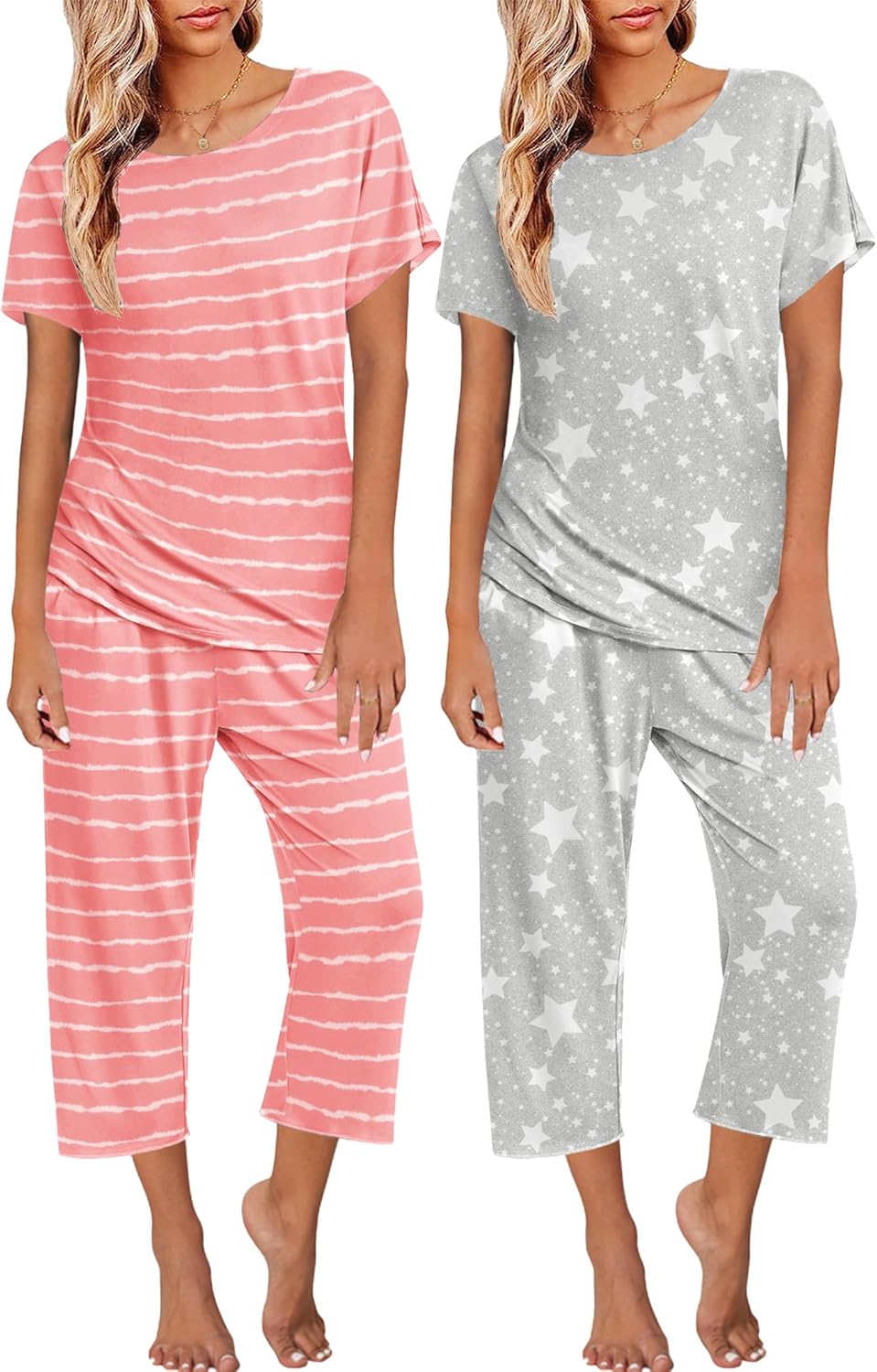 Ekouaer 2 Pack Womens Pajamas Short Sleeve Sleepwear Sets