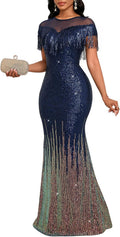 Cololura Sexy Sequin Tassel Mesh Maxi Dress for Parties