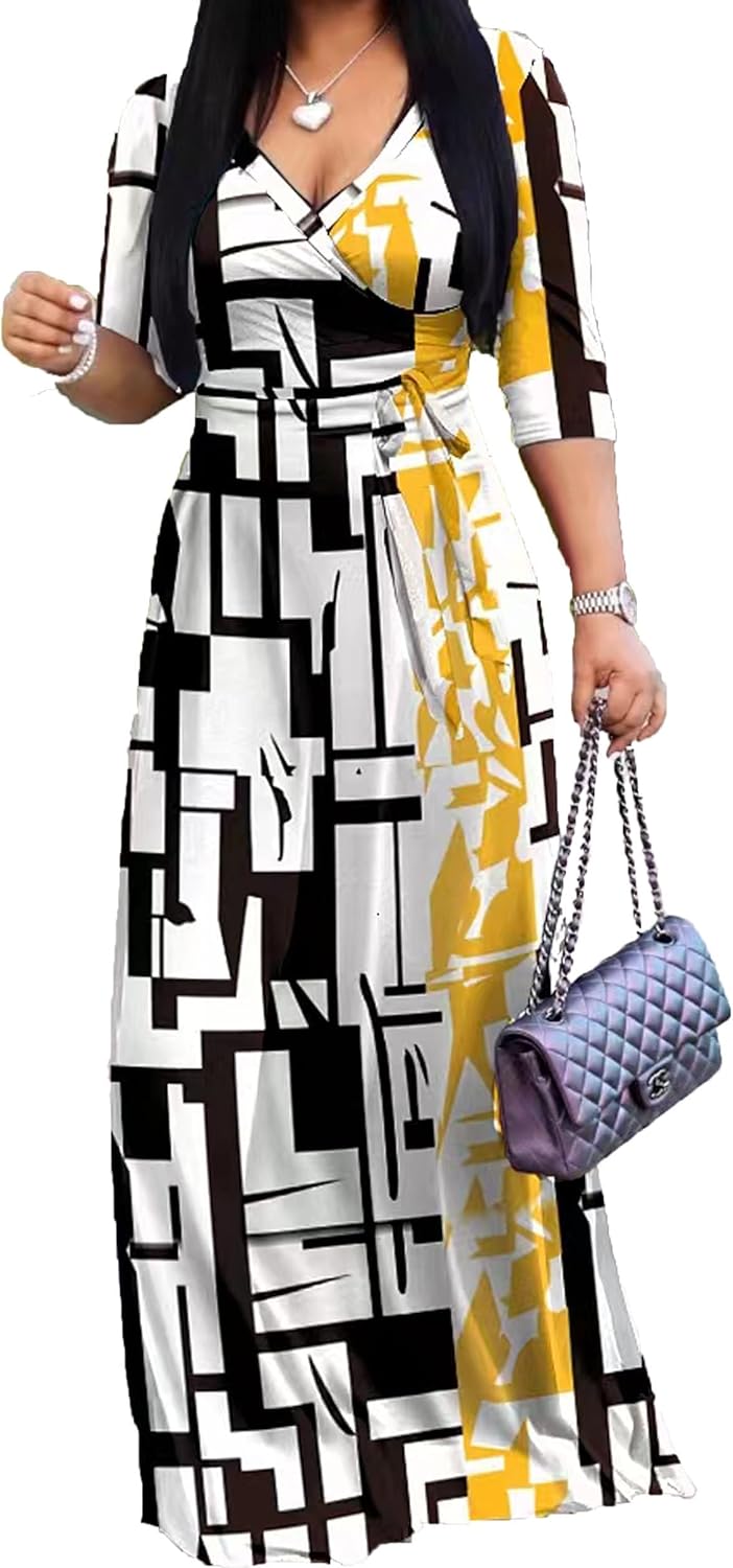 Stylish Women's Casual Sexy V Neck 3/4 Sleeves Maxi Dress