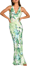 Women's Satin Backless Cowl Neck Maxi Dress - Elegant Wedding Guest It