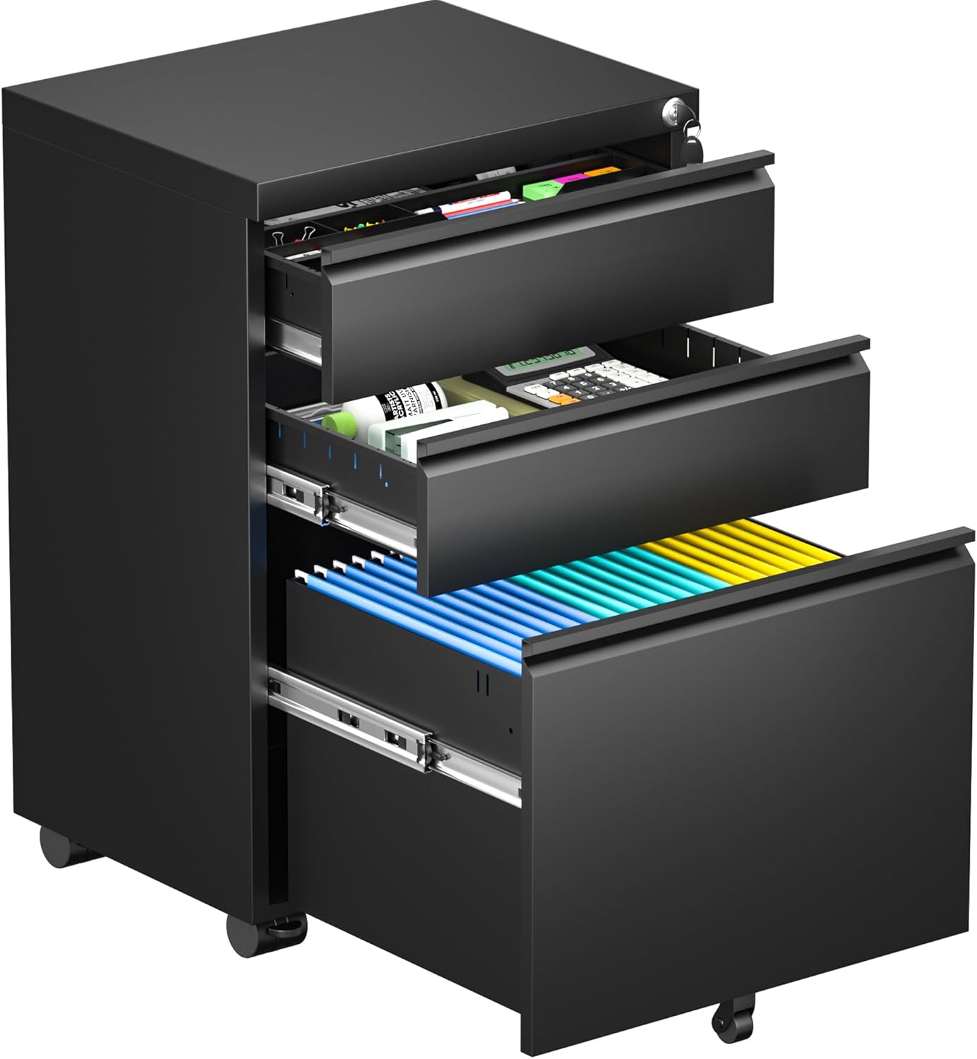 Bonusall Black Mobile File Cabinet with Lock and Wheels for Office