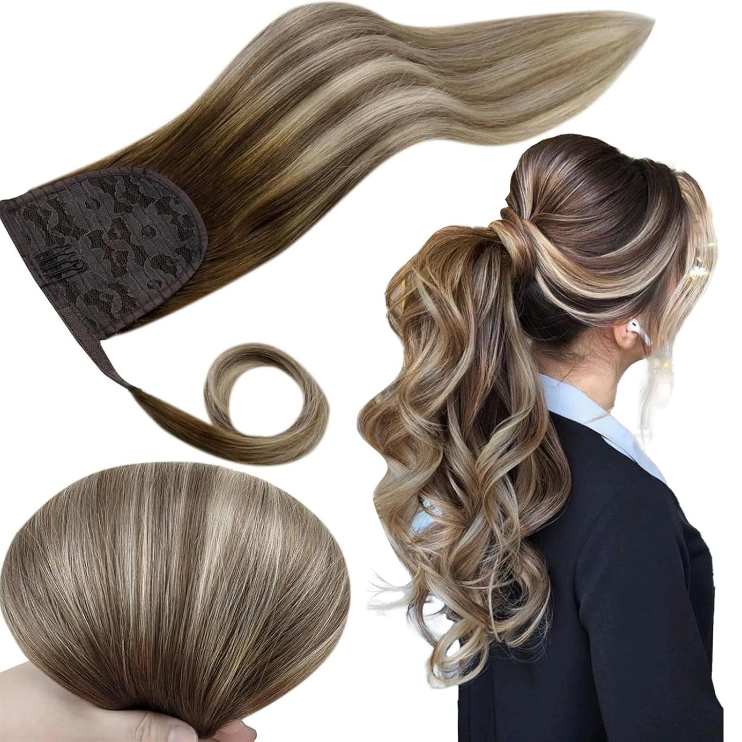 Ponytail Hair Extensions Human Hair Balayage Ombre 12 Inch
