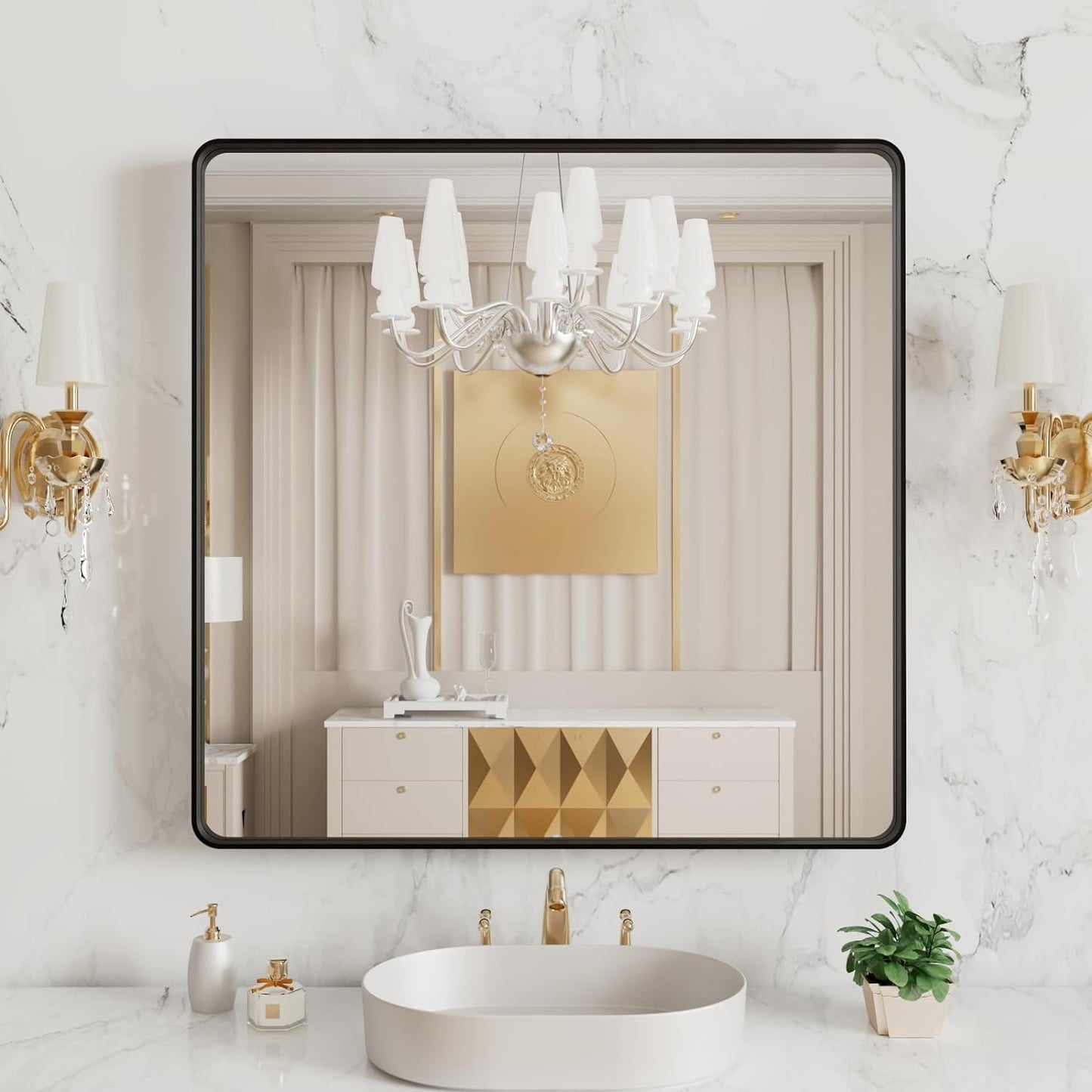 LOAAO 38x38 Inch Black Metal Framed Bathroom Mirror for Wall