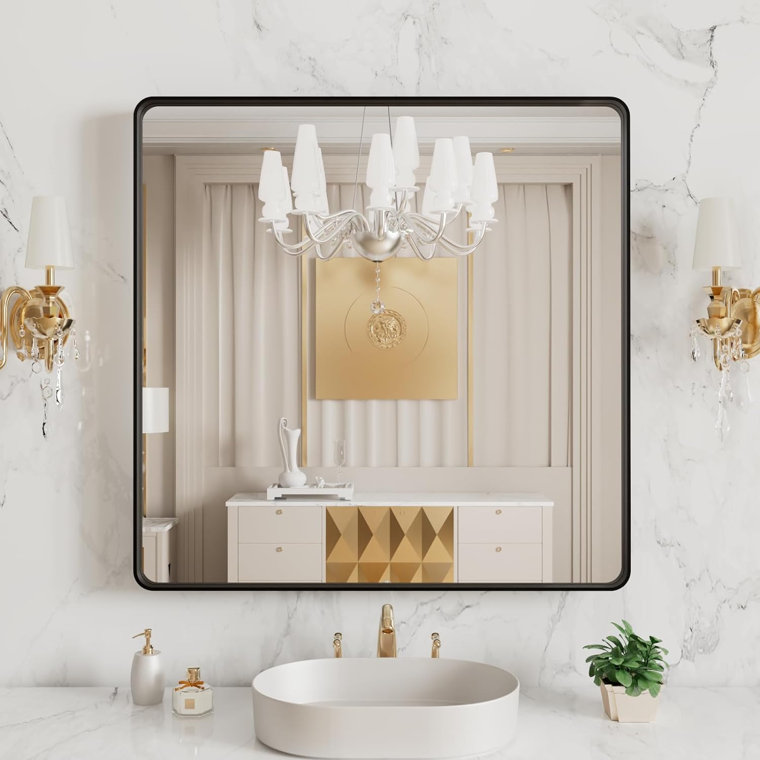 LOAAO 38x38 Inch Black Metal Framed Bathroom Mirror for Wall