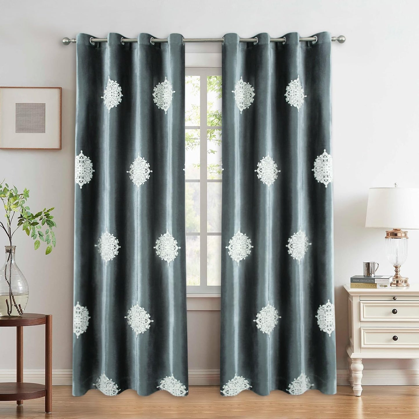VOGOL 96 Grey Velvet Blackout Curtains - Noise Reduction