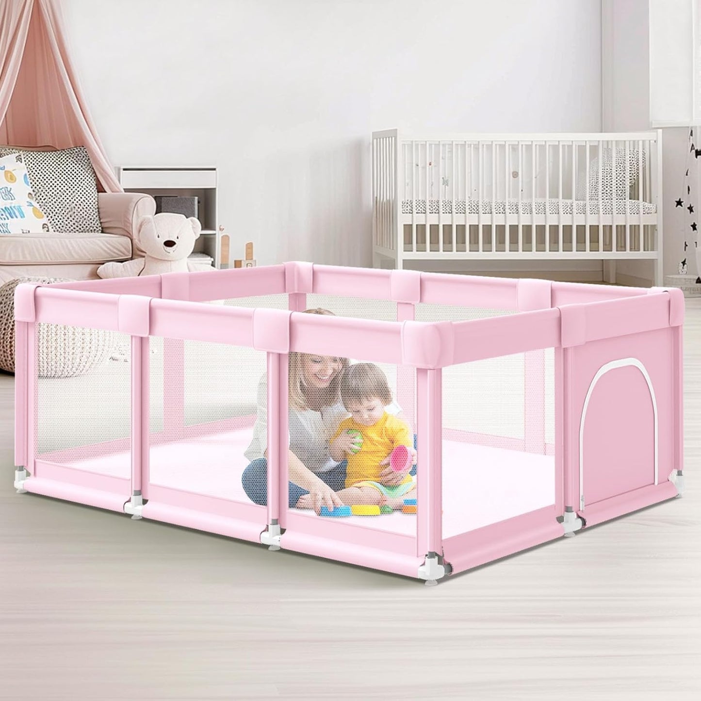 Baby Playpen 74in x 50in for Babies and Toddlers in Pink