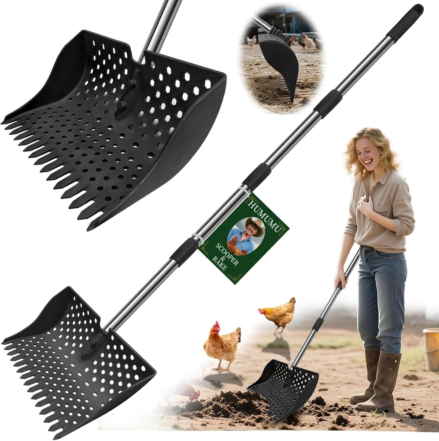 12-Inch 2-in-1 Chicken Poop Scooper & Rake for Easy Cleanup