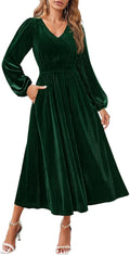 Velvet Midi Dress V Neck Long Sleeve - Flowy Elegant Fit