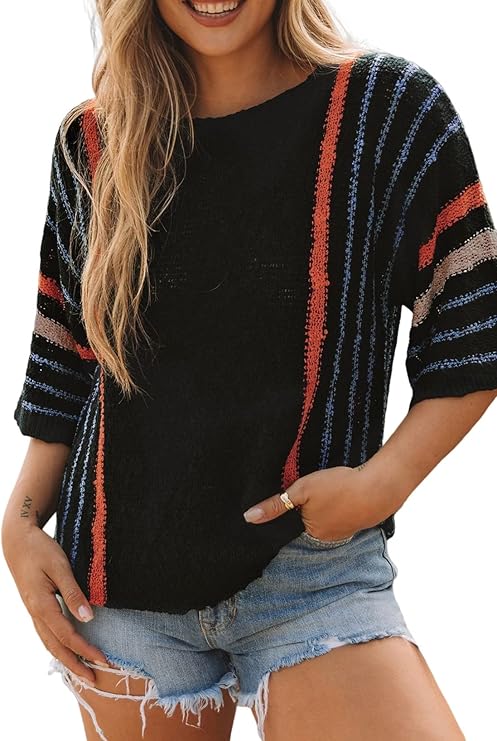 Dokotoo Womens Color Block Striped Lightweight Pullover Sweater